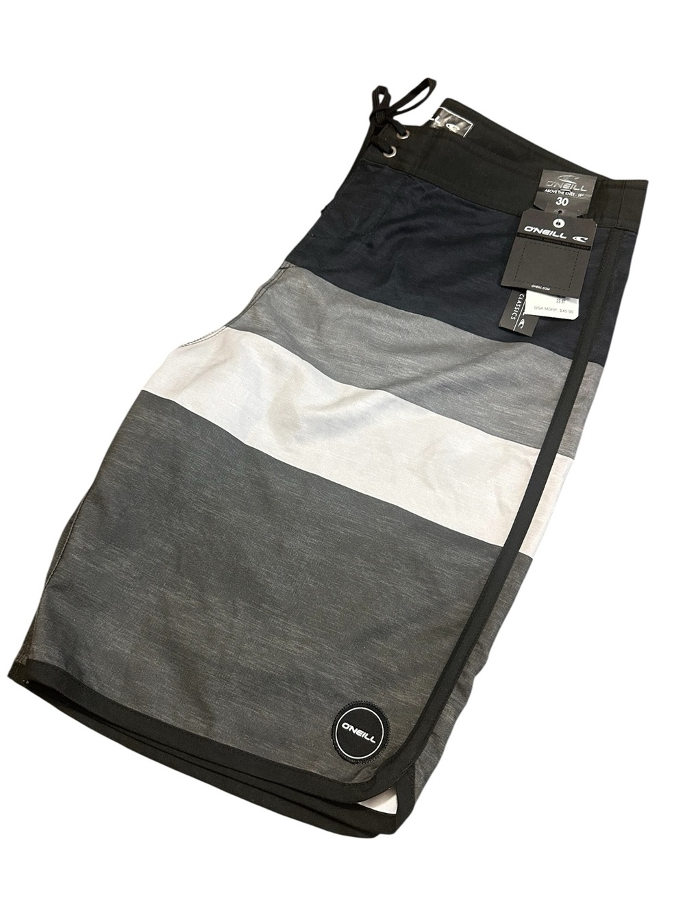 O’Neill Four Square Men’s Size 30 Black Gray Stripe Swim Trunks NWT